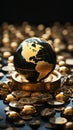 A precious black and gold globe framed by a heap of gold coins
