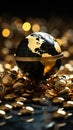 A precious black and gold globe framed by a heap of gold coins