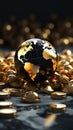 A precious black and gold globe framed by a heap of gold coins