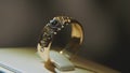 Precious diamond rings. Fine luxury diamond jewellery window display with ring pedant. Gold ring with brilliant isolated