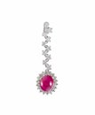 Precious earring with a pink gemstone under the lights isolated on a white background