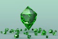 Precious emerald stone with scattering of small green crystals on background 3d render. Realistic mineral gems, shiny