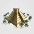 Precious golden metal Mexican Mayan Aztec Pyramid, high quality render isolated. with palm trees Royalty Free Stock Photo