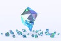 Precious large sapphire stone with scattering of small blue crystals on background 3d render. Realistic shiny topaz