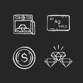 Precious metals gems chalk white icons set on black background Royalty Free Stock Photo