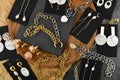 Precious metals for women. Jewelry for women. View from above