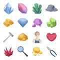 Precious minerals and jeweler set icons in cartoon style. Big collection of precious minerals and jeweler vector symbol