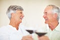 Precious moments. Cheerful mature couple enjoying time together at home toasting red wine. Royalty Free Stock Photo