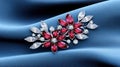 Precious ruby diamond flower jewelry brooch on blue silk background an expression of deep passion and love Royalty Free Stock Photo