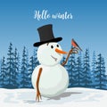 Precious Snowman in a hat. Smiling Frosty with a bullfinch bird. Sunny landscape with silhouette of forest. Vector