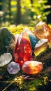 Precious stones in the forest in the rays of the sun
