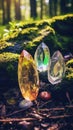 Precious stones in the forest in the rays of the sun