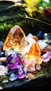 Precious stones in the forest in the rays of the sun