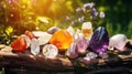 Precious stones in the forest in the rays of the sun