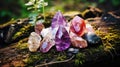 Precious stones in the forest in the rays of the sun