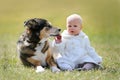 Precious 1 year old Baby Girl Sitting Outside with Pet Dog Royalty Free Stock Photo