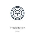 Precipitation icon. Thin linear precipitation outline icon isolated on white background from zodiac collection. Line vector sign,