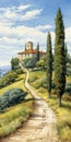 Precise Architecture Paintings: Charming Rural Scenes With Cypress Tree Royalty Free Stock Photo