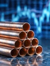 Stacked industrial copper pipes arranged in a pyramid shape reflecting on a polished surface with blurred financial graph Royalty Free Stock Photo