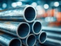 Stacked galvanized steel pipes forming a pyramid shape in an industrial warehouse with blurred background and polished metallic Royalty Free Stock Photo