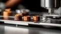Precise automated process places gourmet chocolates on a conveyor belt for packaging Royalty Free Stock Photo