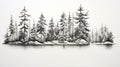 Precise Black And White Forest Drawing: Detailed Sketch Of Pine Trees Along Water