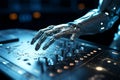 Precise coding by the deft touch of robot hands, showcasing automation proficiency Royalty Free Stock Photo