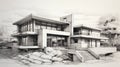 Precise And Detailed Pencil Drawing Of A Modern House