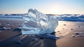 Precise Hyperrealism: Large White Icecube On Beach With Sun And Waves