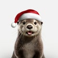 Precise Hyperrealism: Otter With Red Nose And Santa Hat - Stock Photo