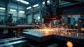 Precise industrial cutting machine sparks brightly during metal fabrication process in a modern factory setting. Generative AI Royalty Free Stock Photo