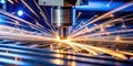 Precise industrial laser cutting sparks illuminate the manufacturing process. Generative AI Royalty Free Stock Photo