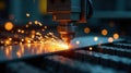 Precise laser cutting machine in action sparks fly during metal fabrication process. Generative AI Royalty Free Stock Photo