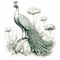 Precise And Lifelike Peacock Illustration In Grisaille Style Royalty Free Stock Photo