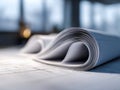 Rolled architectural blueprints resting on a drafting table in a bright modern office with a soft focused background of windows Royalty Free Stock Photo