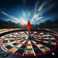 Precise success Red darts hit target center against dark blue sky, symbolizing accomplishment