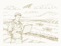 Precision Agriculture Vector Illustration. Hand Drawn Farmer with Laptop Operating Tractors with Satellite Engraving