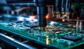Precision automated machine arm calibrating and assembling circuit board components in a high-tech electronic manufacturing