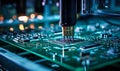Precision automated machine arm calibrating and assembling circuit board components in a high-tech electronic manufacturing
