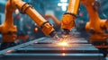 Precision automated welding robots crafting metal with intense sparks, industrial scene