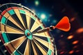 Precision captured dart hits the bulls eye, symbolizing success