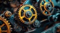 Precision close-up of interlocking gears system showcasing mechanical intricacy. Ai Generated