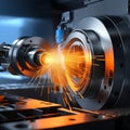 Precision cnc lathe tool spinning at high speed with glowing cutting edge in focus