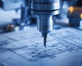 Precision CNC Milling Tool Carving Complex Design on Blueprint, Blue Lighting, Clean Environment
