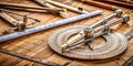 Precision Compass and Protractor on a Wooden Surface - A Close-up of a Vintage Drafting Tool with Brass and Metal Components Royalty Free Stock Photo