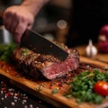Precision in cooking Chefs hands cutting a large beef portion