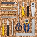 Precision-cutting tools arranged neatly on a textured surface of round, Royalty Free Stock Photo