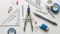 Precision Drafting and Engineering Tools Flat Lay on White Royalty Free Stock Photo