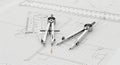 Precision Drafting Tools: Compass, Ruler, and Pencil on Blueprint Royalty Free Stock Photo