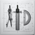 Precision Drafting Tools on an Engineering Blueprint Royalty Free Stock Photo